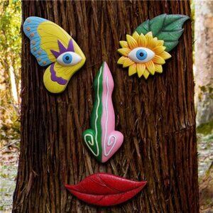 Tree Faces Decor ,Funny Tree Faces Sculpture, Colorful Fence Decorations Outdoor